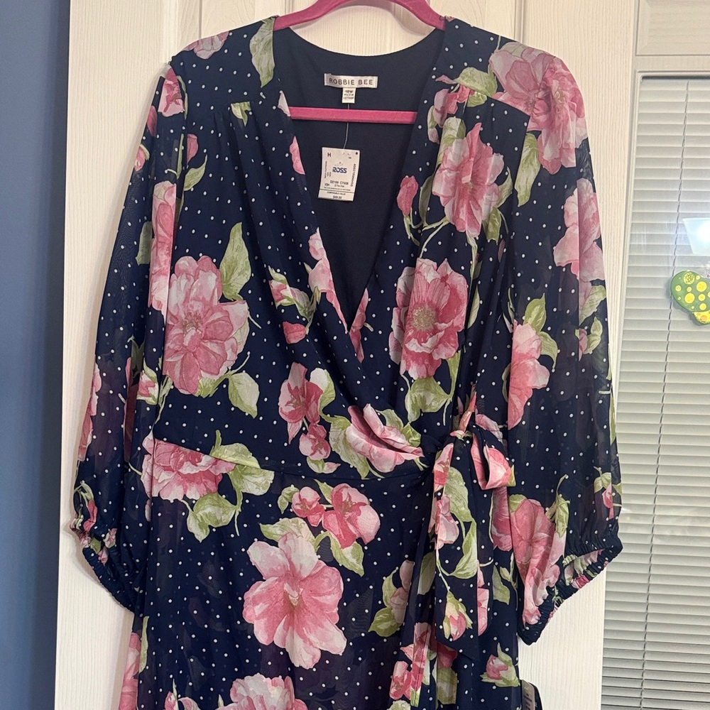 Robbie Bee Navy Long Sleeve Dress with Pink Floral Design